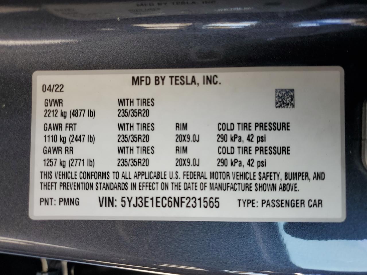 2022 TESLA MODEL 3 VIN:5YJ3E1EC6NF231565