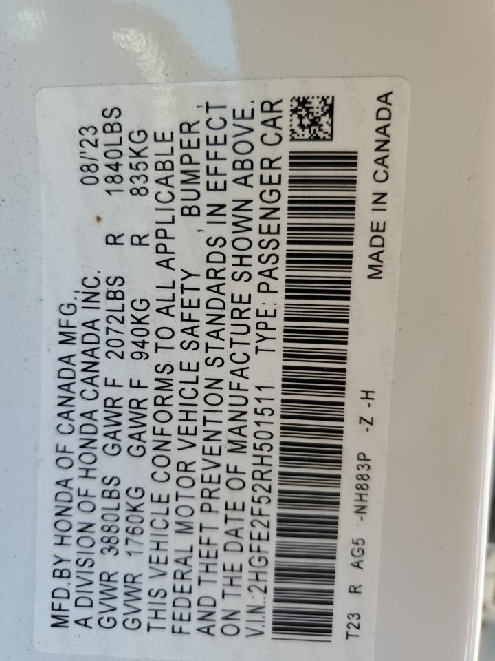 2024 HONDA CIVIC SPORT VIN:2HGFE2F52RH501511