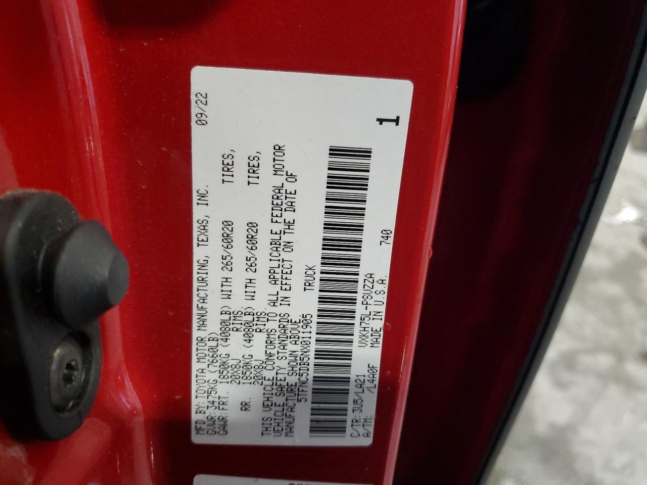 2022 TOYOTA TUNDRA CREWMAX PLATINUM VIN:5TFNC5DB5NX011905