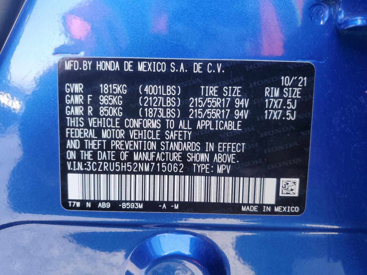 2022 HONDA HR-V EX VIN:3CZRU5H52NM715062