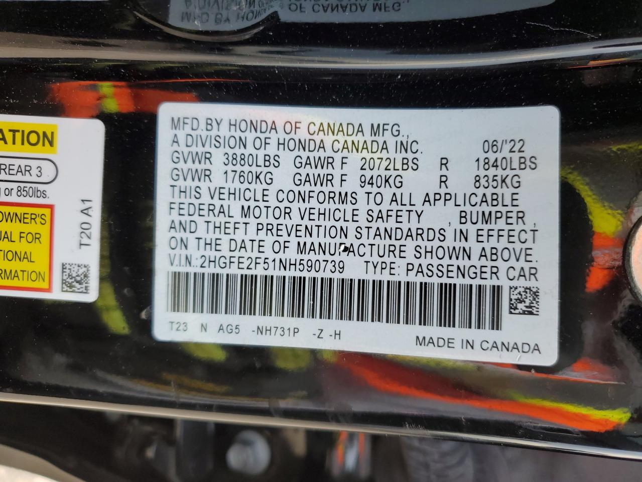 2022 HONDA CIVIC SPORT VIN:2HGFE2F51NH590739
