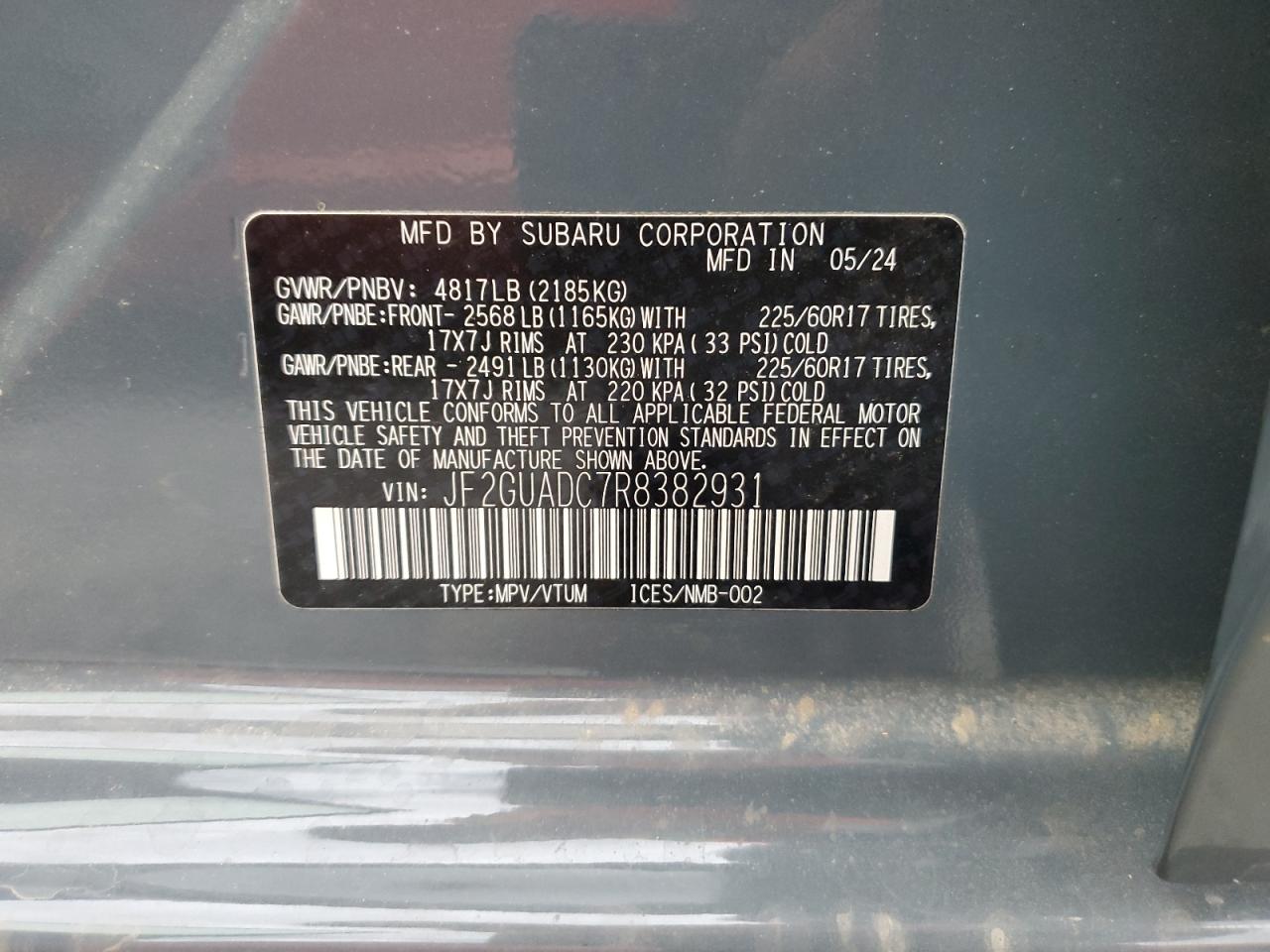 2024 SUBARU CROSSTREK PREMIUM VIN:JF2GUADC7R8382931