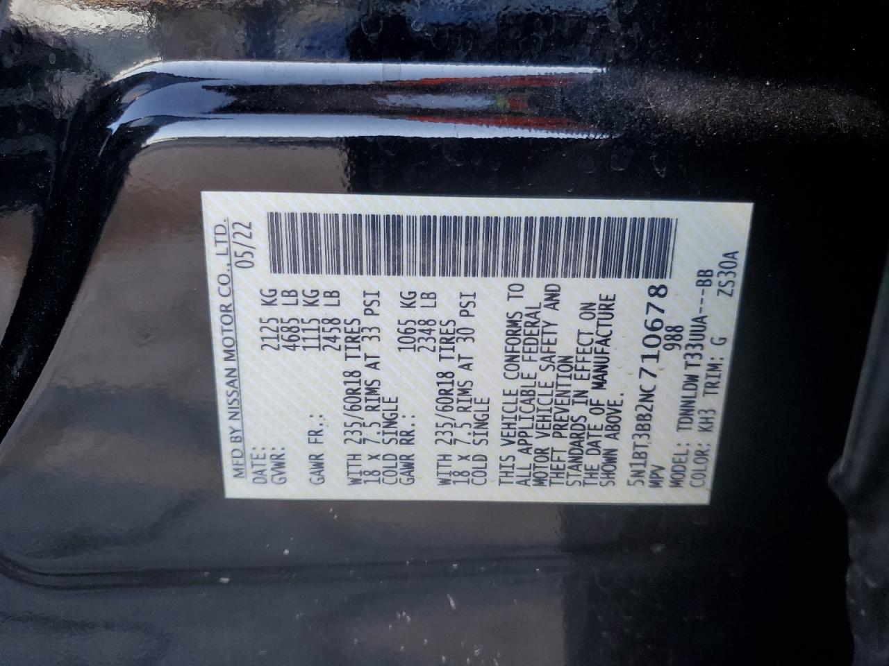 2022 NISSAN ROGUE SV VIN:5N1BT3BB2NC710678