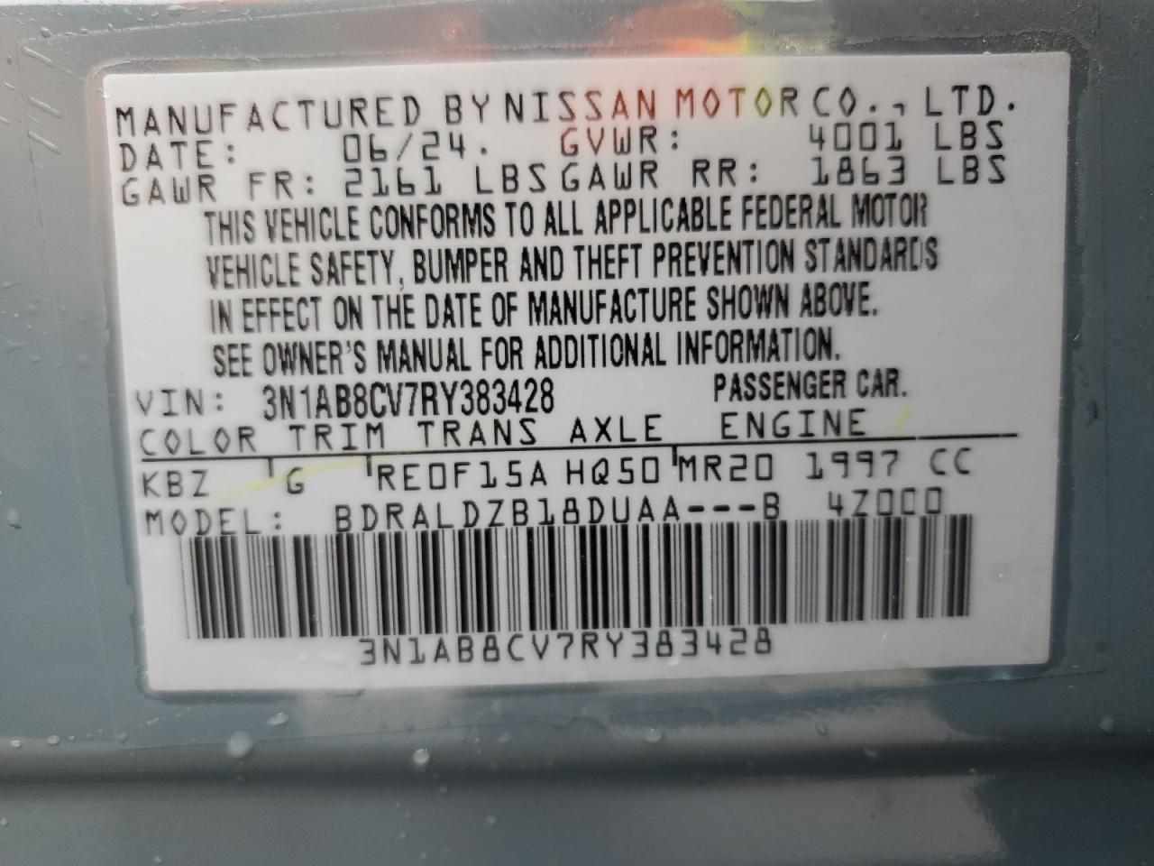 2024 NISSAN SENTRA SV VIN:3N1AB8CV7RY383428