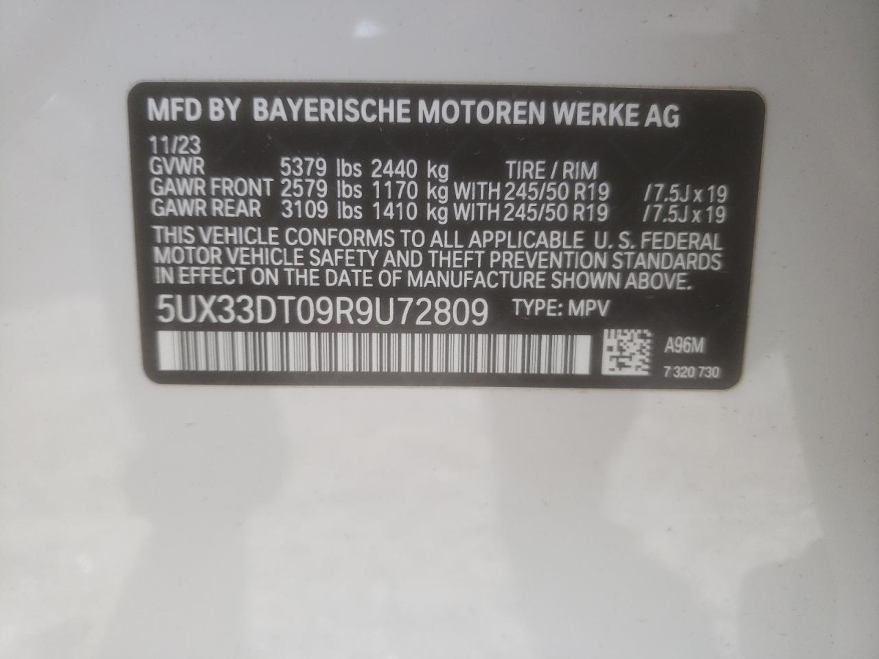 2024 BMW X4 XDRIVE30I VIN:5UX33DT09R9U72809