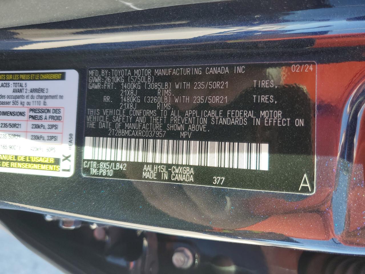 2024 LEXUS RX 350H BASE VIN:2T2BBMCAXRC037957