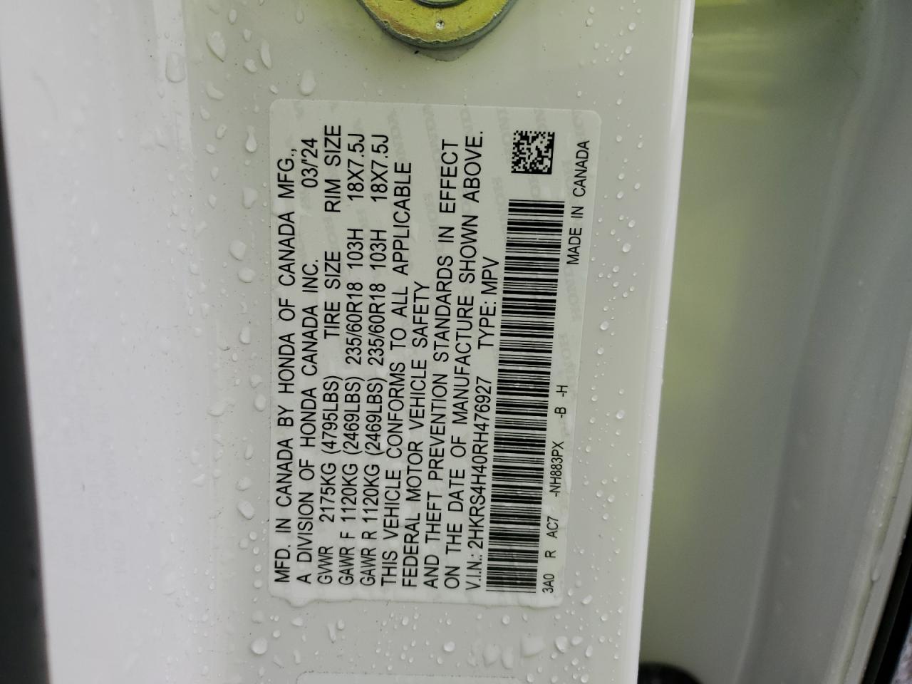 2024 HONDA CR-V EX VIN:2HKRS4H40RH476927