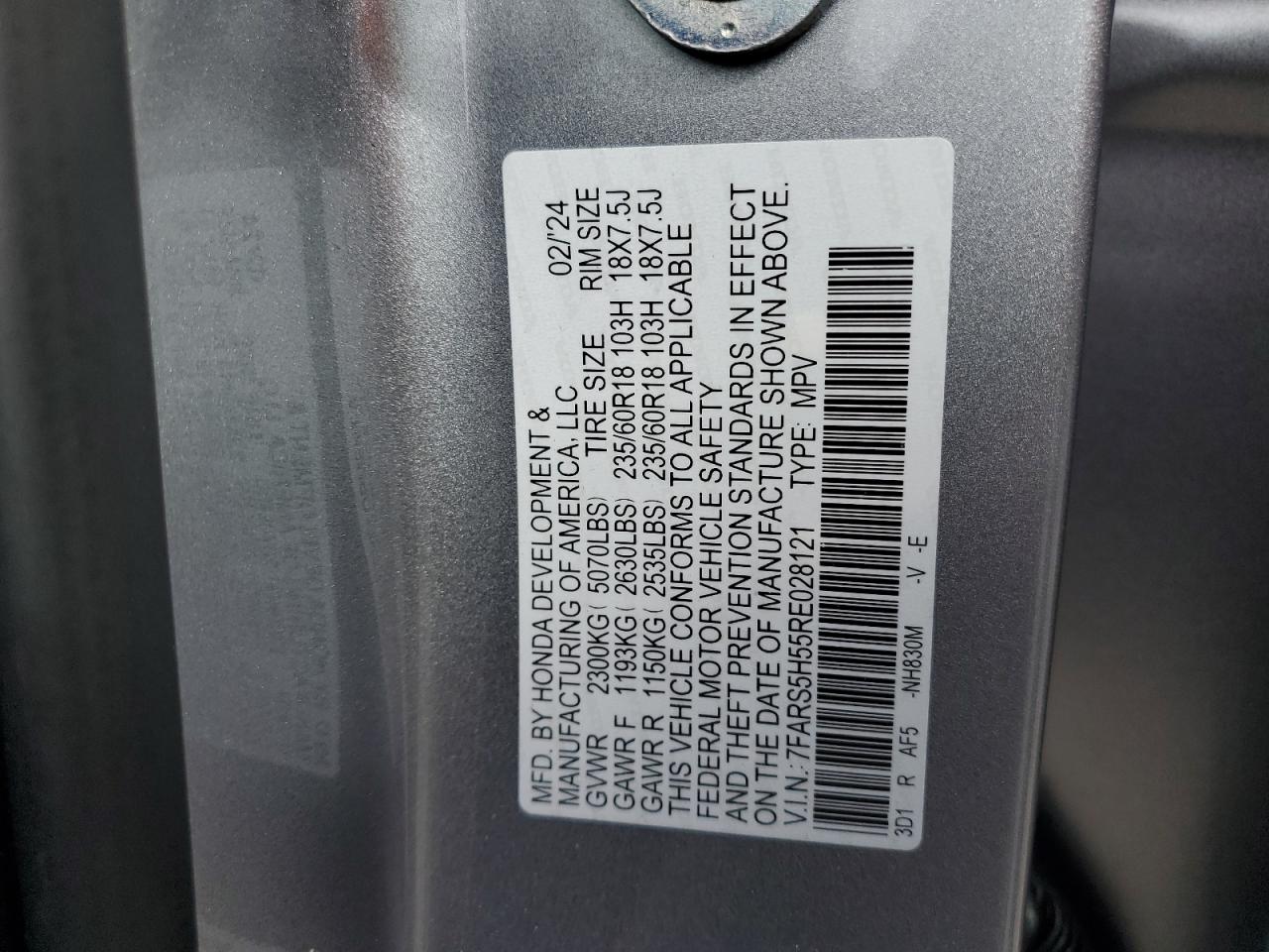 2024 HONDA CR-V SPORT VIN:7FARS5H55RE028121