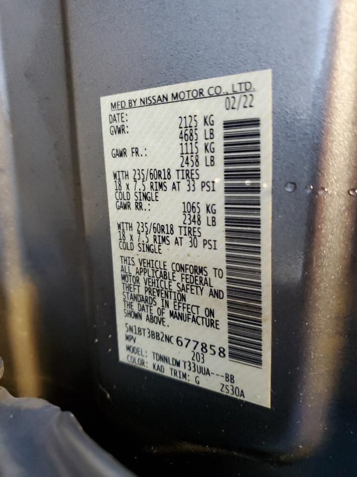 2022 NISSAN ROGUE SV VIN:5N1BT3BB2NC677858