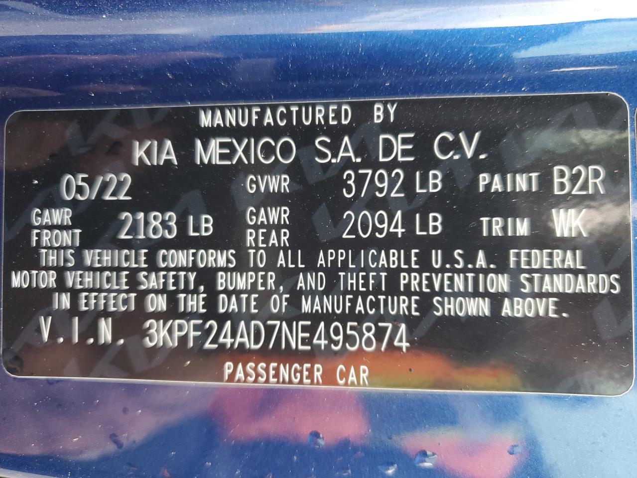 2022 KIA FORTE FE VIN:3KPF24AD7NE495874