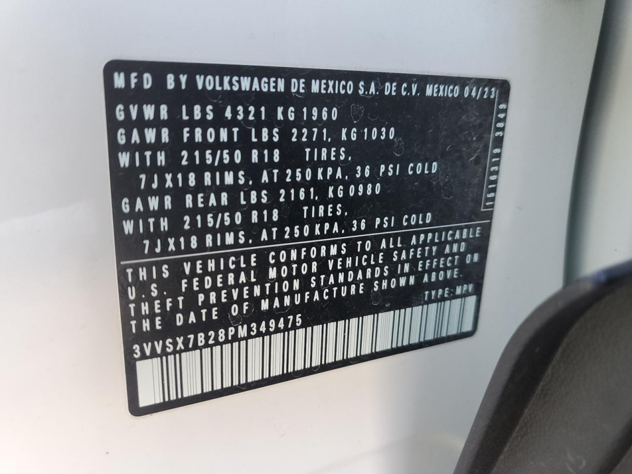 2023 VOLKSWAGEN TAOS SE VIN:3VVSX7B28PM349475