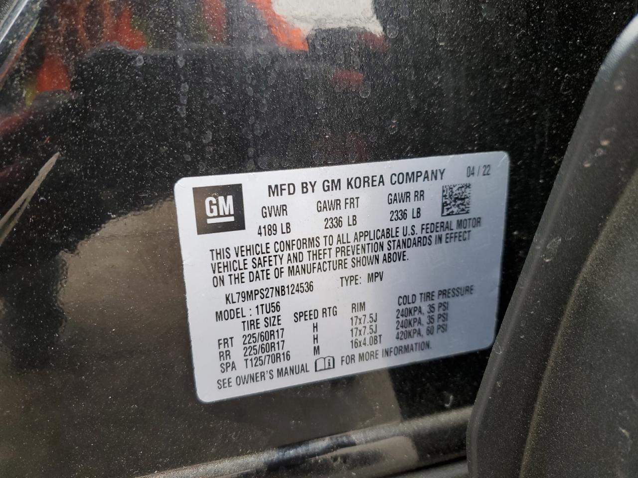 2022 CHEVROLET TRAILBLAZER LT VIN:KL79MPS27NB124536