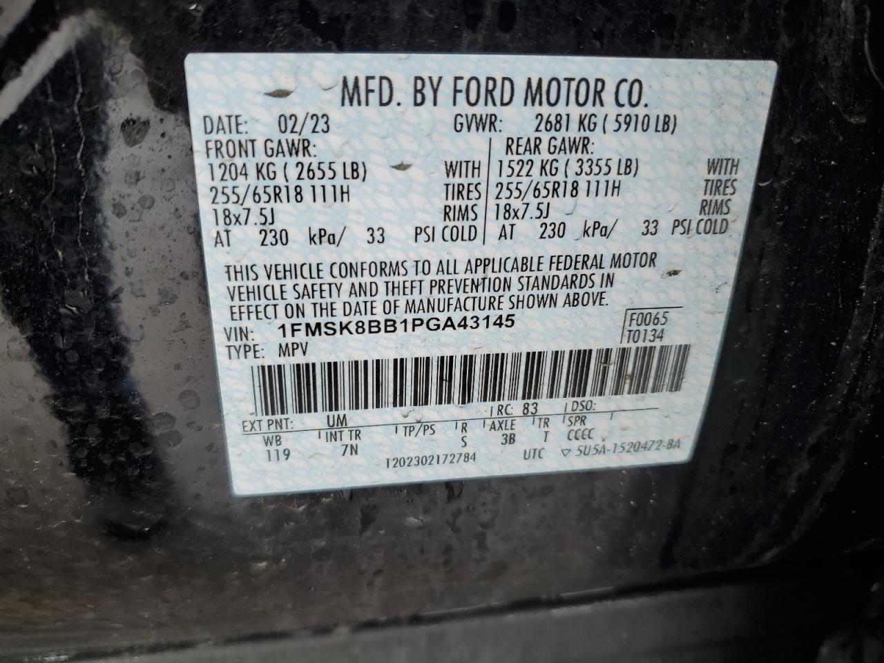 2023 FORD EXPLORER VIN:1FMSK8BB1PGA43145