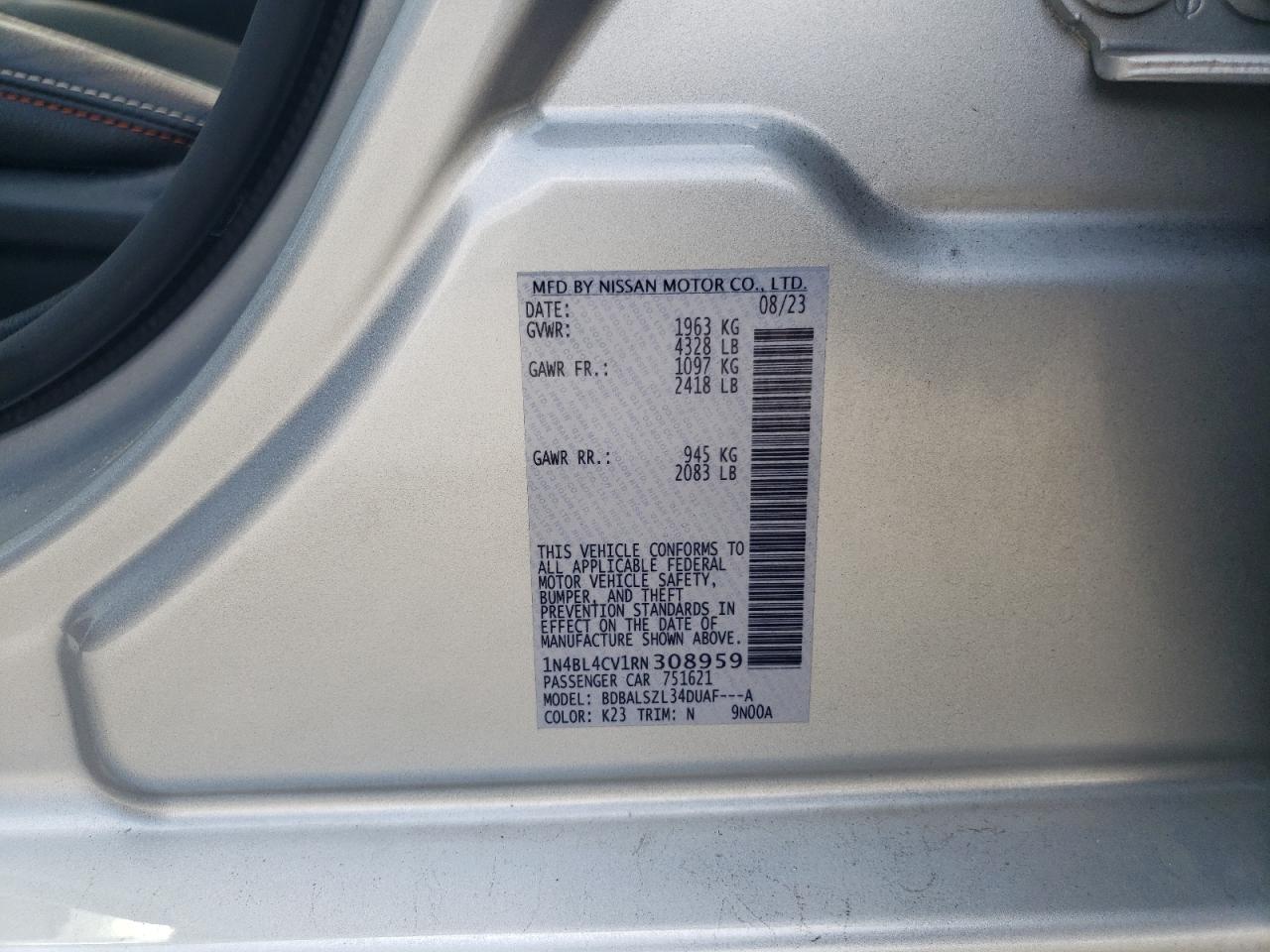 2024 NISSAN ALTIMA SR VIN:1N4BL4CV1RN308959