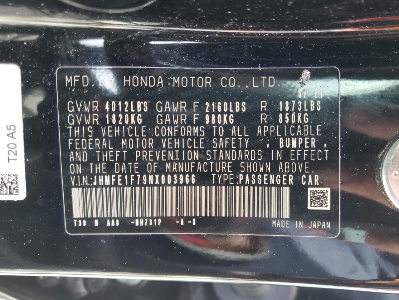 2022 HONDA CIVIC EX VIN:JHMFE1F79NX003966