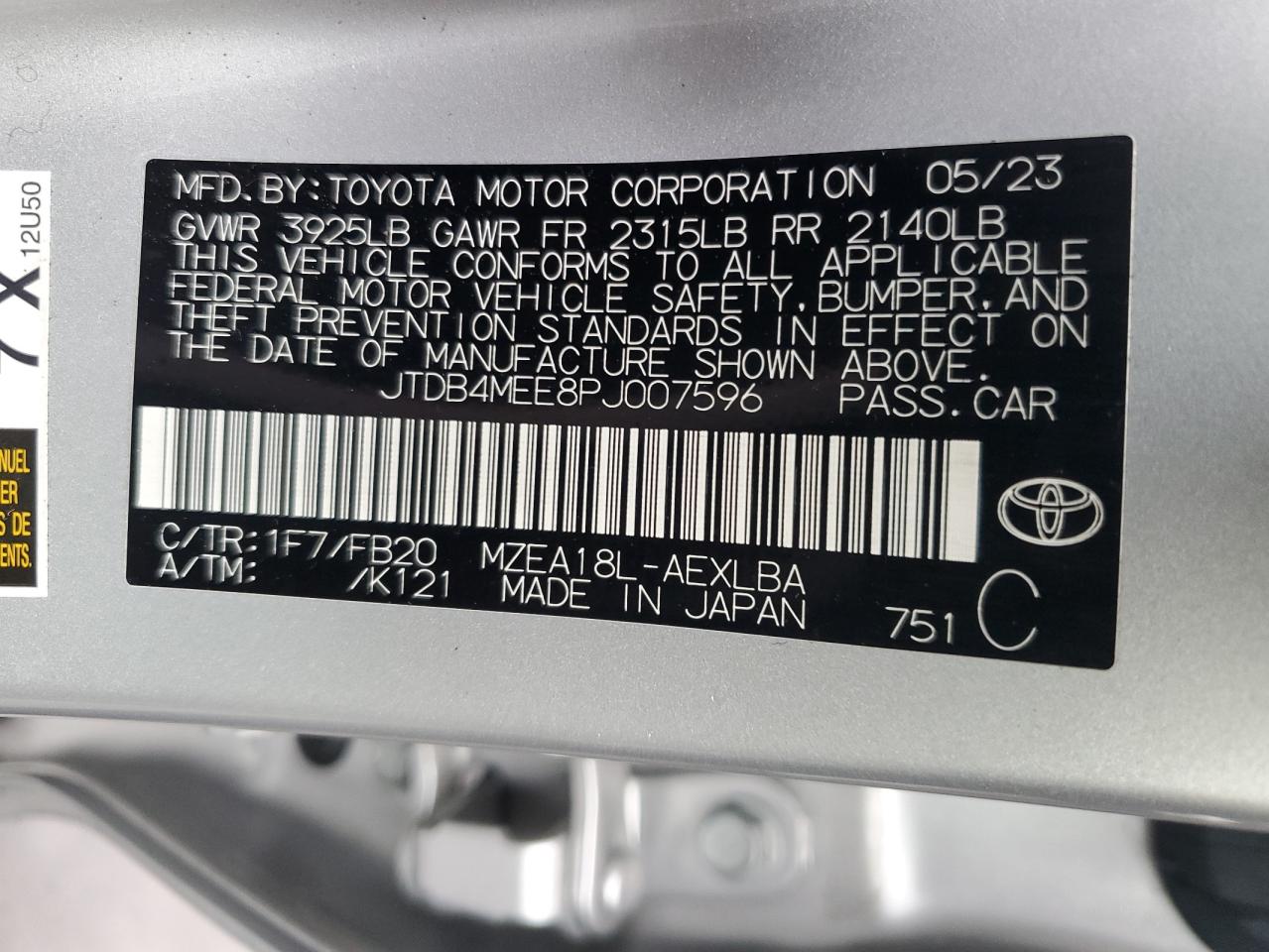 2023 TOYOTA COROLLA LE VIN:JTDB4MEE8PJ007596