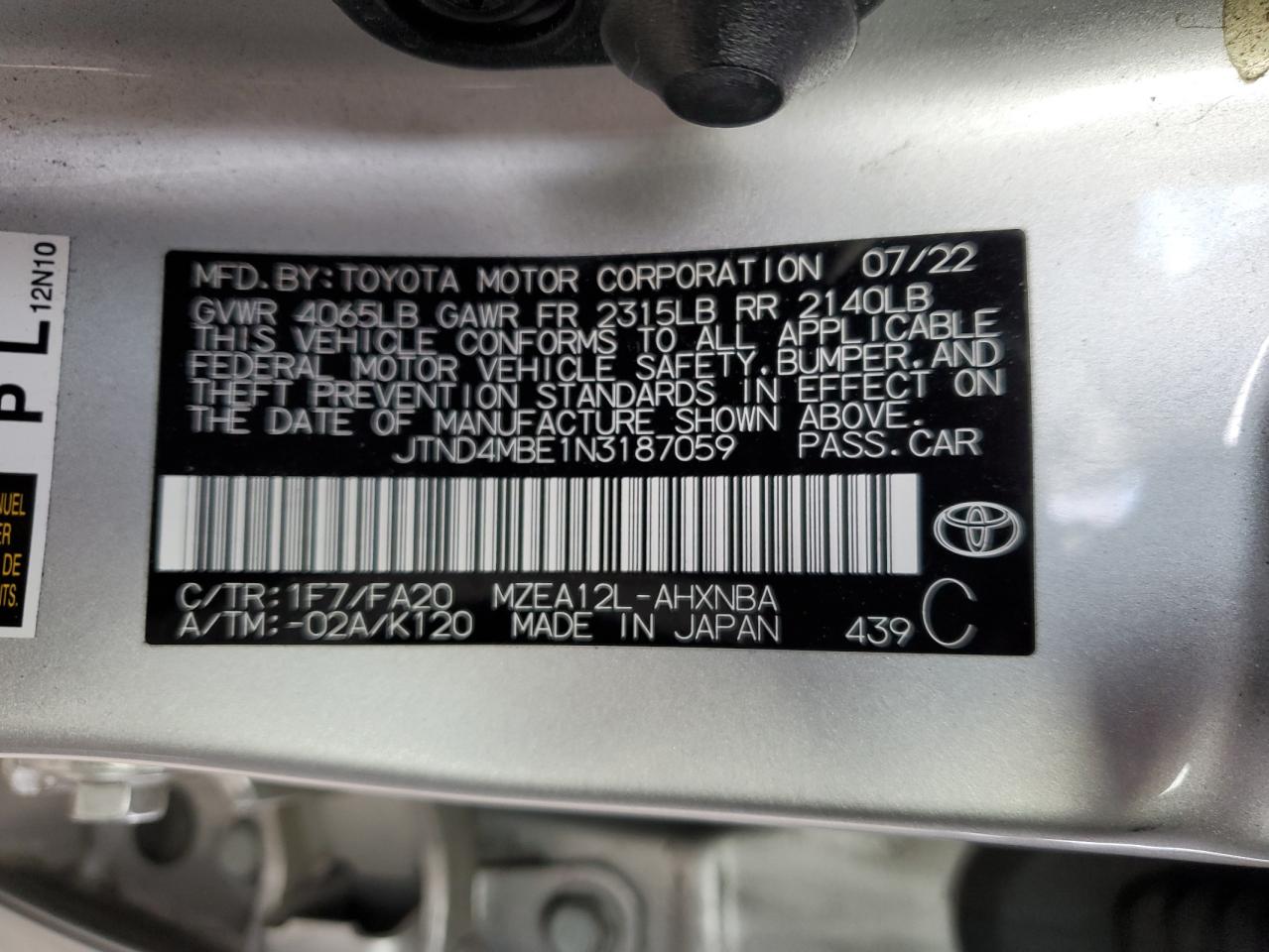 2022 TOYOTA COROLLA SE VIN:JTND4MBE1N3187059