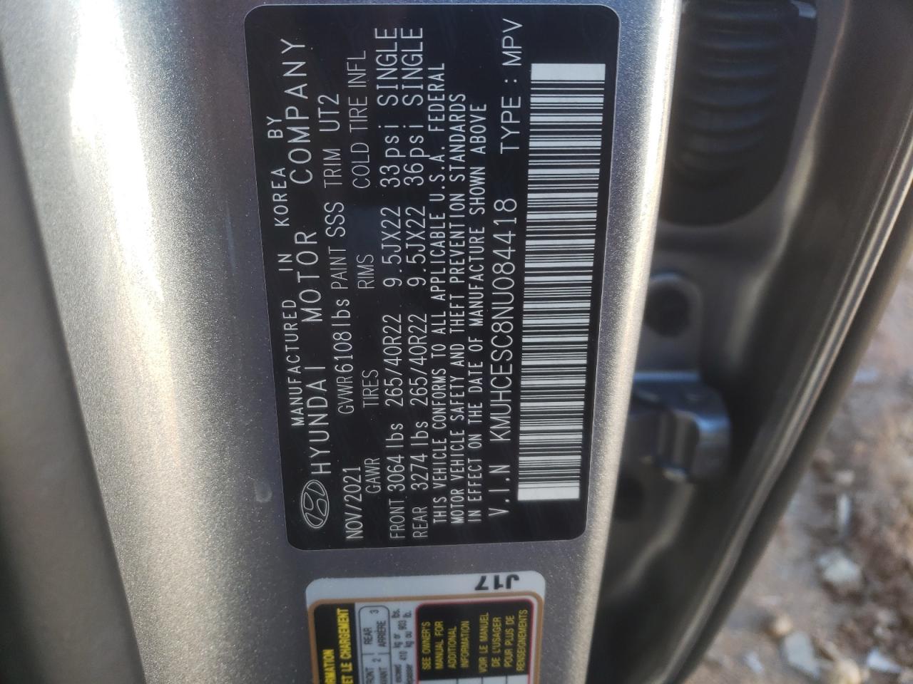 2022 GENESIS GV80 BASE VIN:KMUHCESC8NU084418