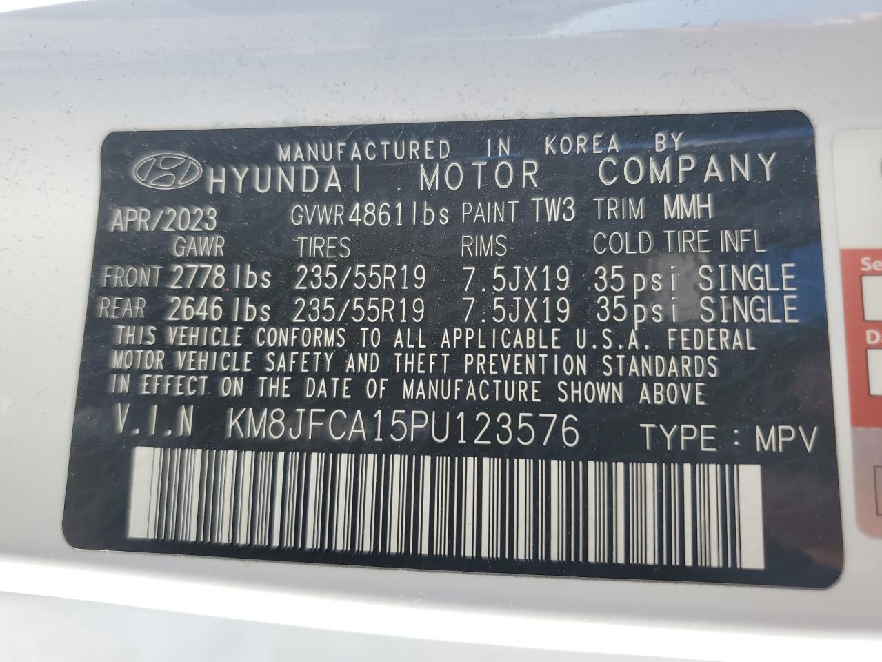 2023 HYUNDAI TUCSON SEL CONVENIENCE VIN:KM8JFCA15PU123576