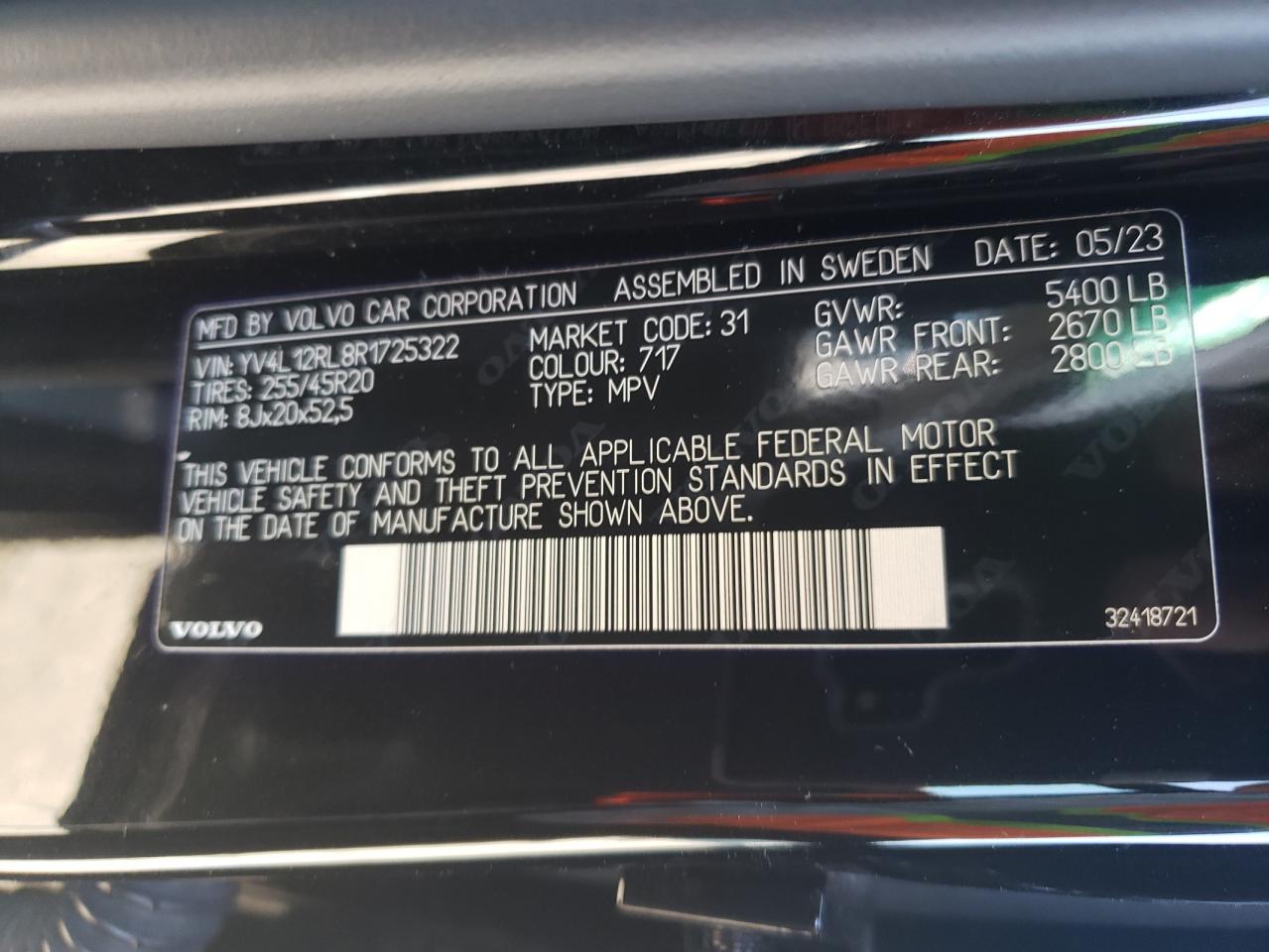 2024 VOLVO XC60 PLUS VIN:YV4L12RL8R1725322