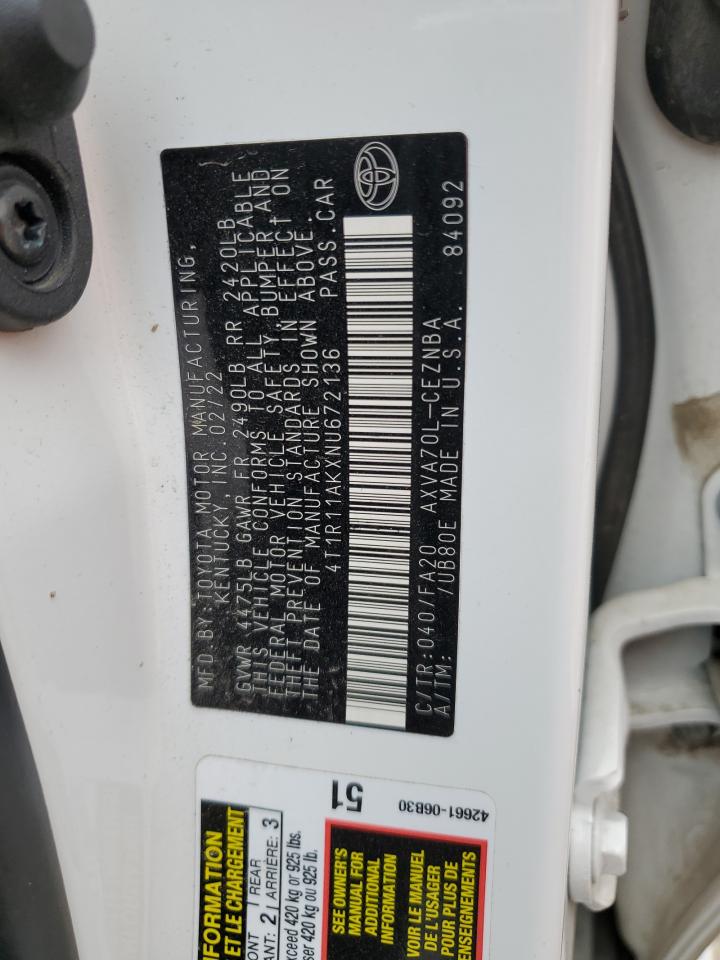 2022 TOYOTA CAMRY LE VIN:4T1R11AKXNU672136