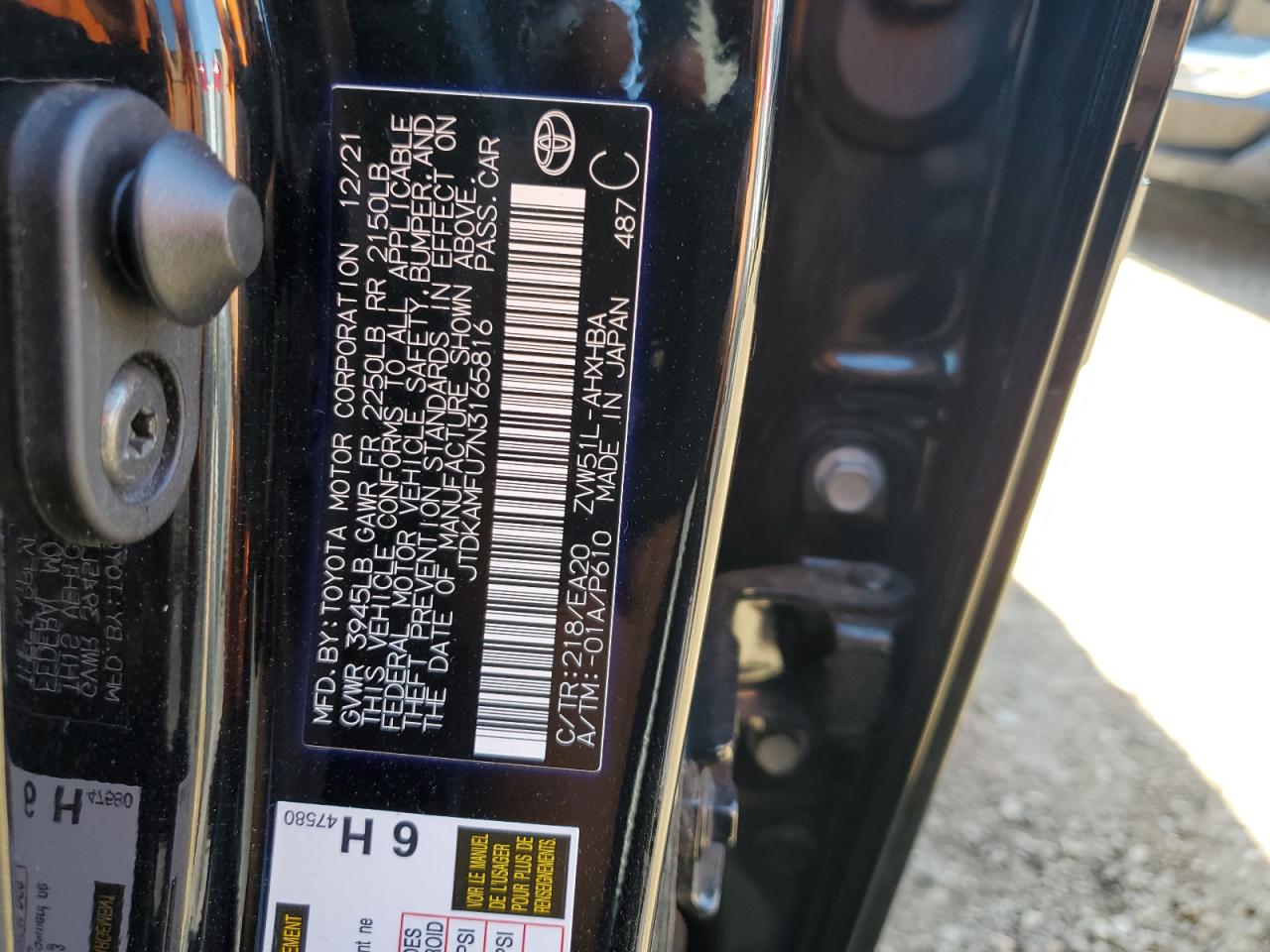 2022 TOYOTA PRIUS NIGHT SHADE VIN:JTDKAMFU7N3165816