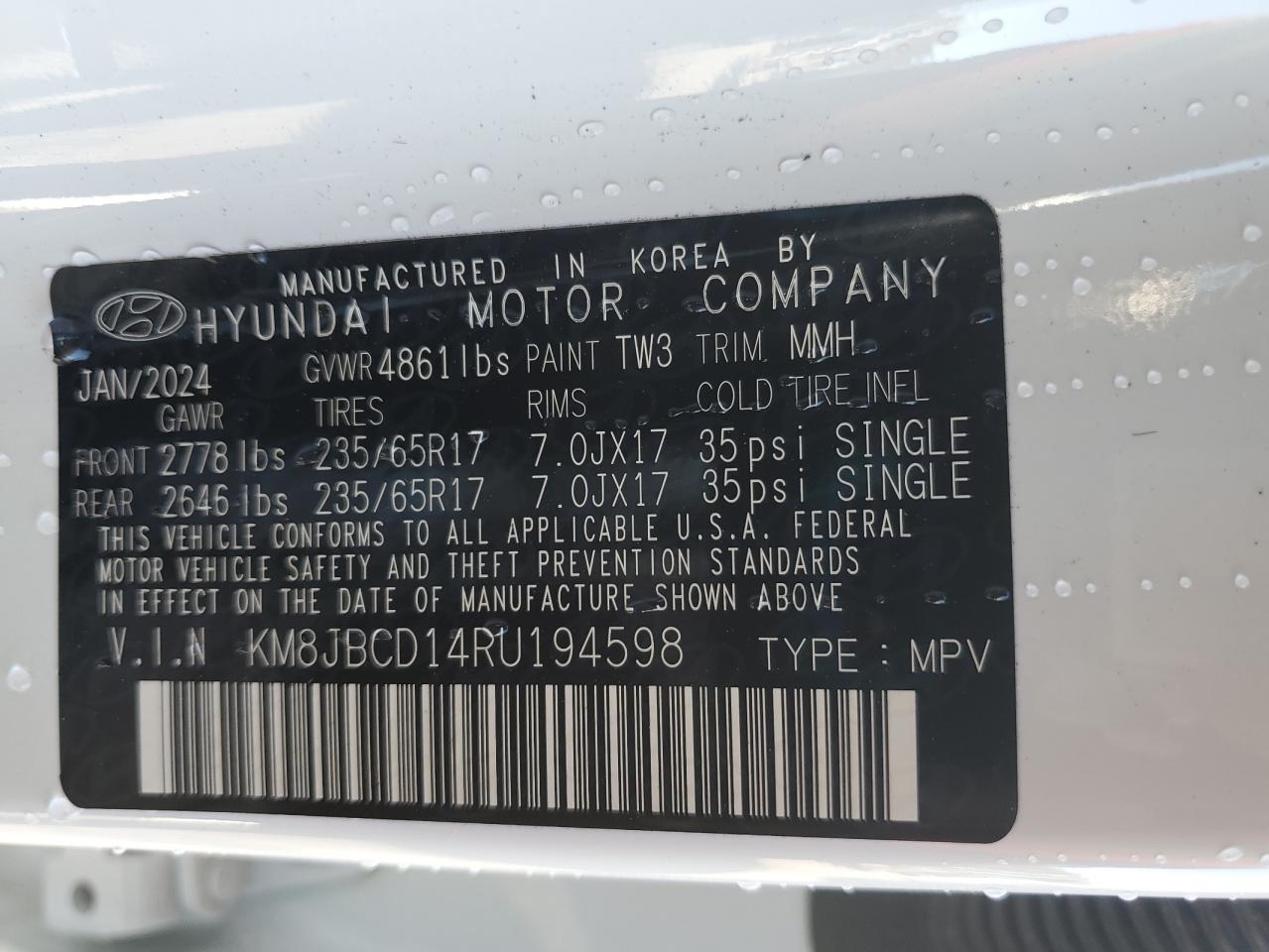 2024 HYUNDAI TUCSON BLUE VIN:KM8JBCD14RU194598