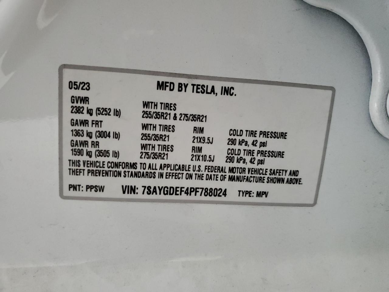 2023 TESLA MODEL Y VIN:7SAYGDEF4PF788024