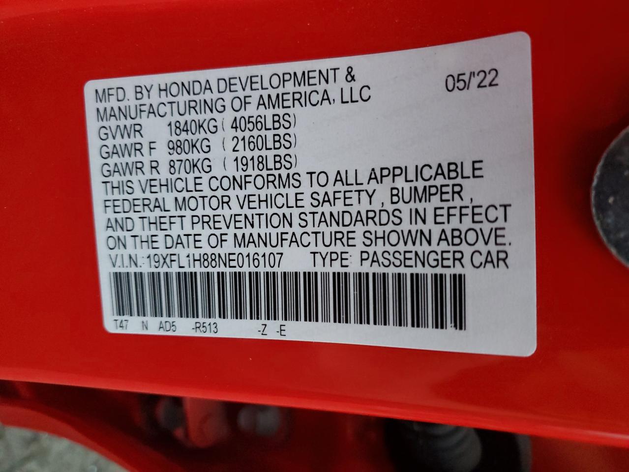 2022 HONDA CIVIC SPORT TOURING VIN:19XFL1H88NE016107