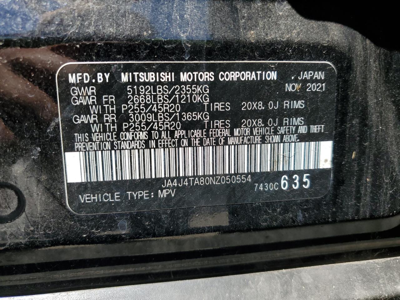 2022 MITSUBISHI OUTLANDER ES VIN:JA4J4TA80NZ050554