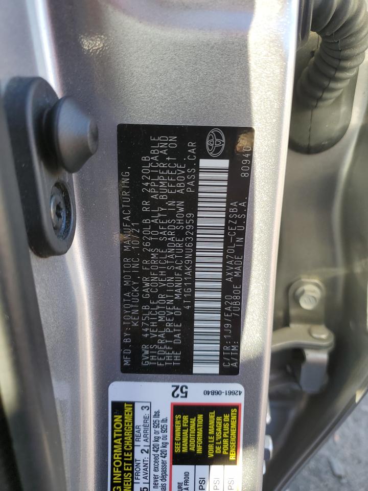 2022 TOYOTA CAMRY SE VIN:4T1G11AK9NU632959
