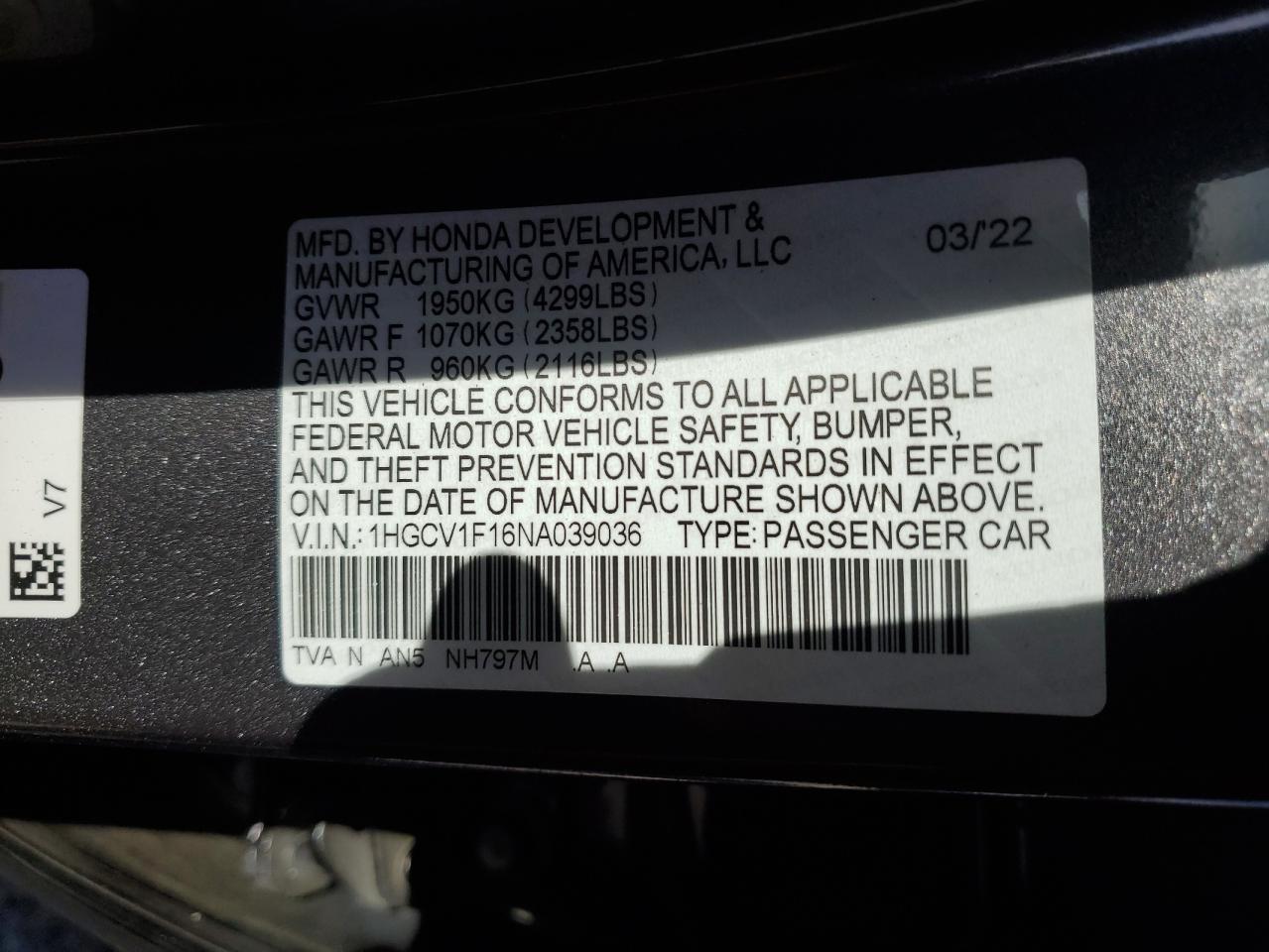 2022 HONDA ACCORD LX VIN:1HGCV1F16NA039036