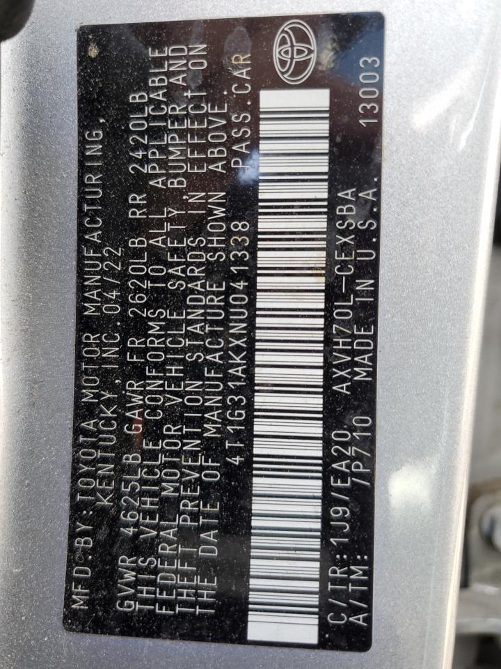 2022 TOYOTA CAMRY NIGHT SHADE VIN:4T1G31AKXNU041338