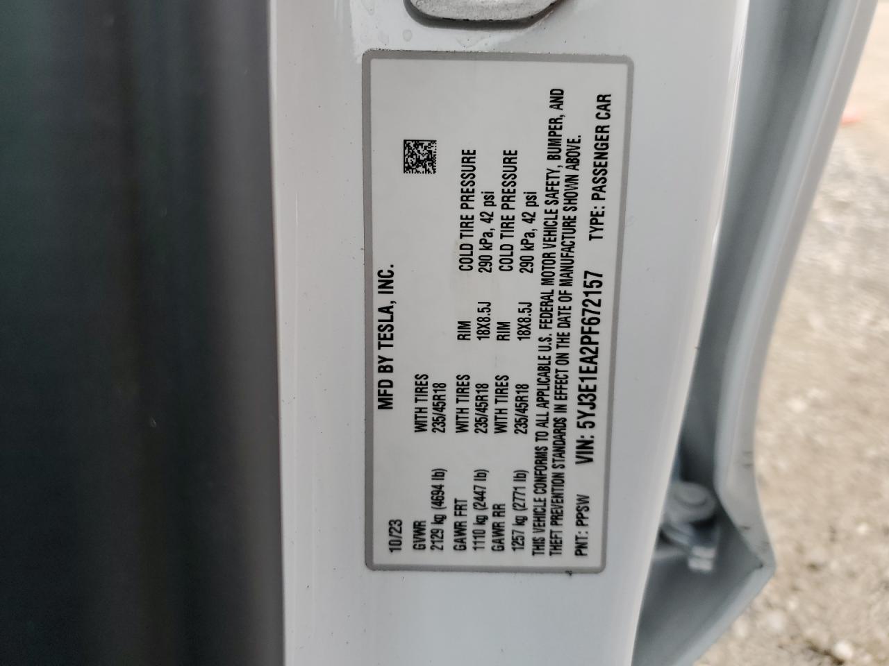 2023 TESLA MODEL 3 VIN:5YJ3E1EA2PF672157