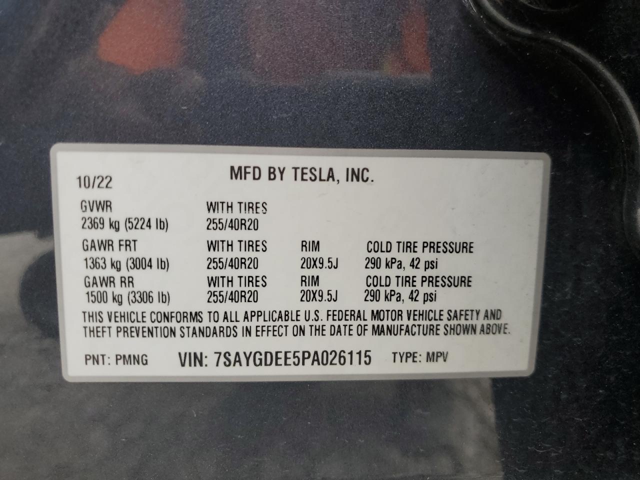 2023 TESLA MODEL Y VIN:7SAYGDEE5PA026115