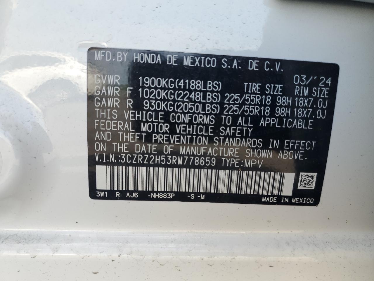 2024 HONDA HR-V SPORT VIN:3CZRZ2H53RM778659