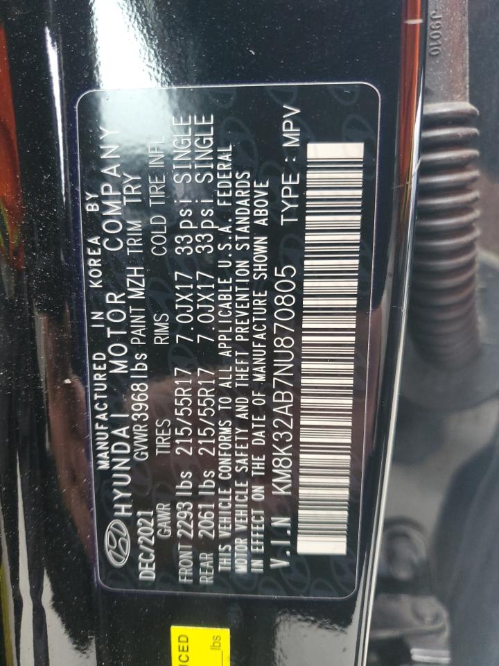 2022 HYUNDAI KONA SEL VIN:KM8K32AB7NU870805