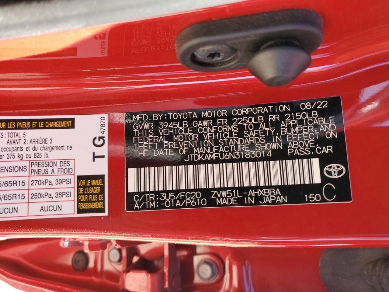 2022 TOYOTA PRIUS NIGHT SHADE VIN:JTDKAMFU6N3183014