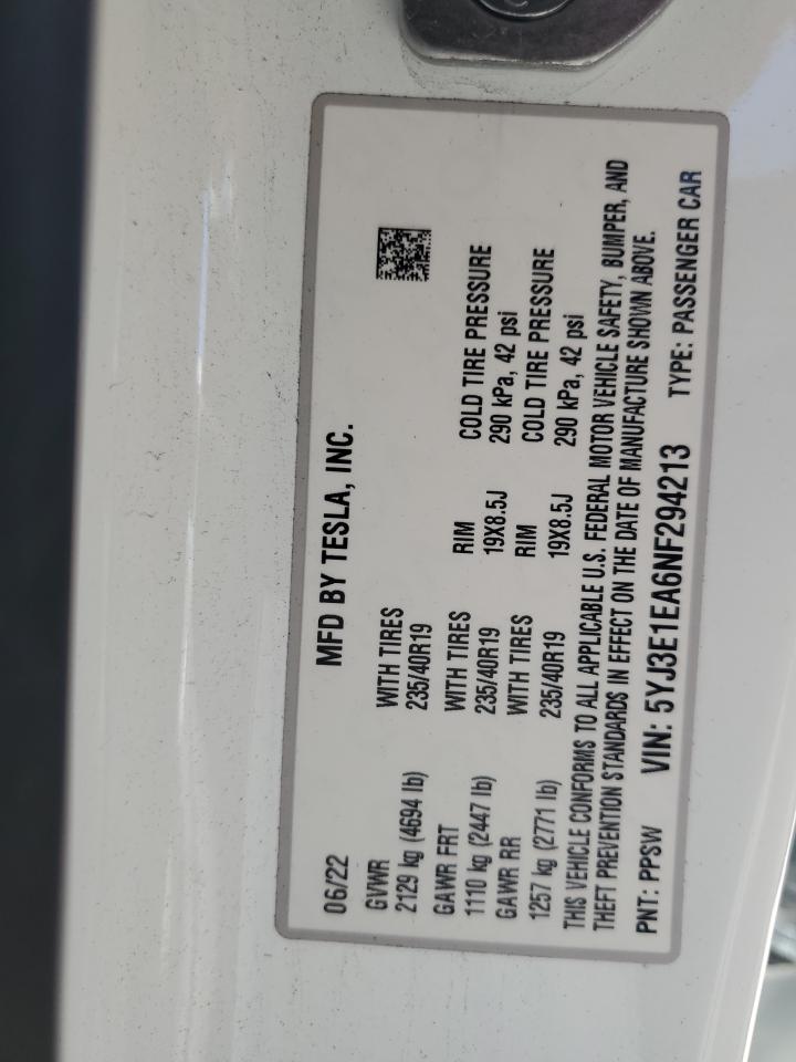 2022 TESLA MODEL 3 VIN:5YJ3E1EA6NF294213