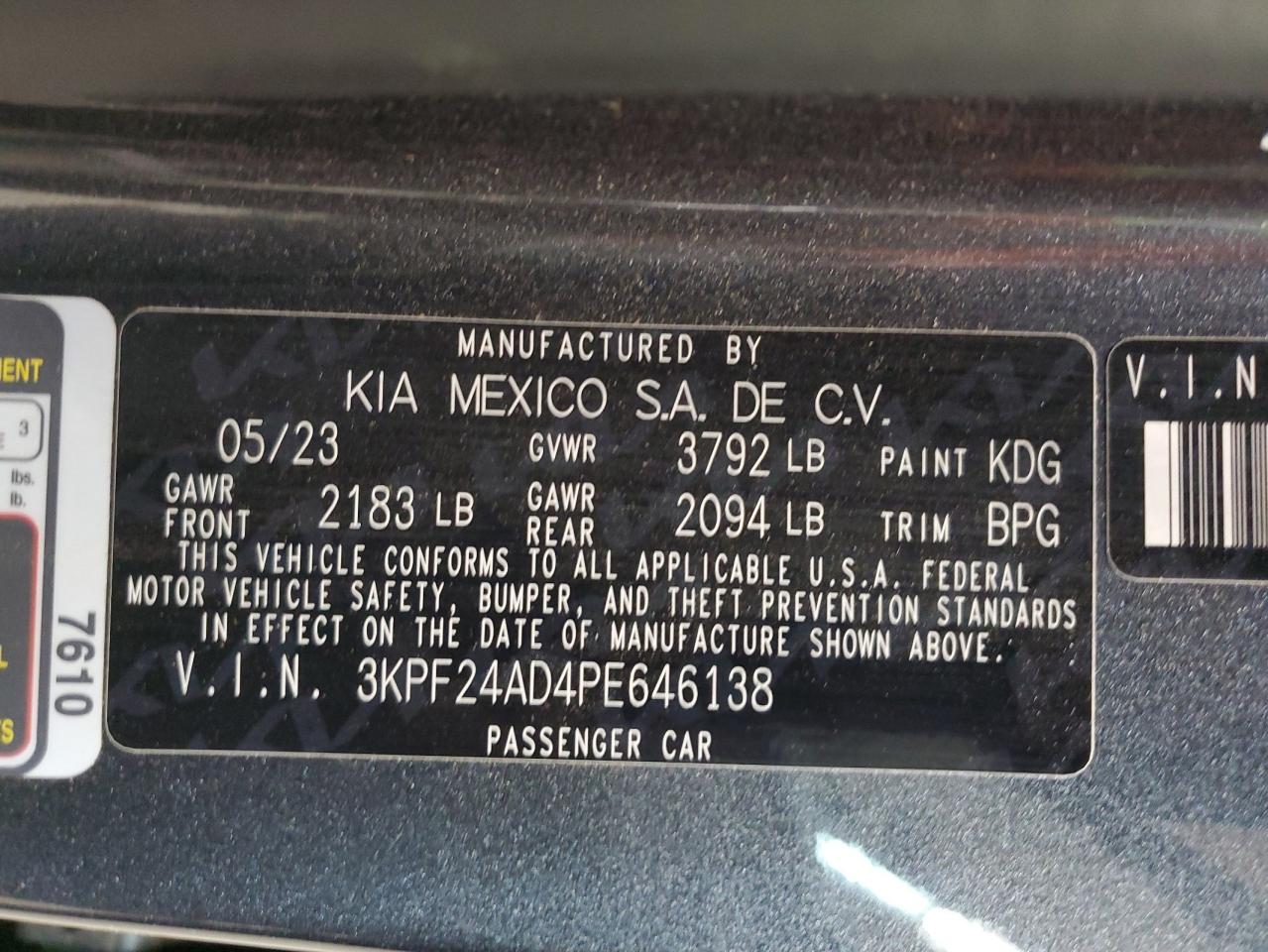 2023 KIA FORTE LX VIN:3KPF24AD4PE646138