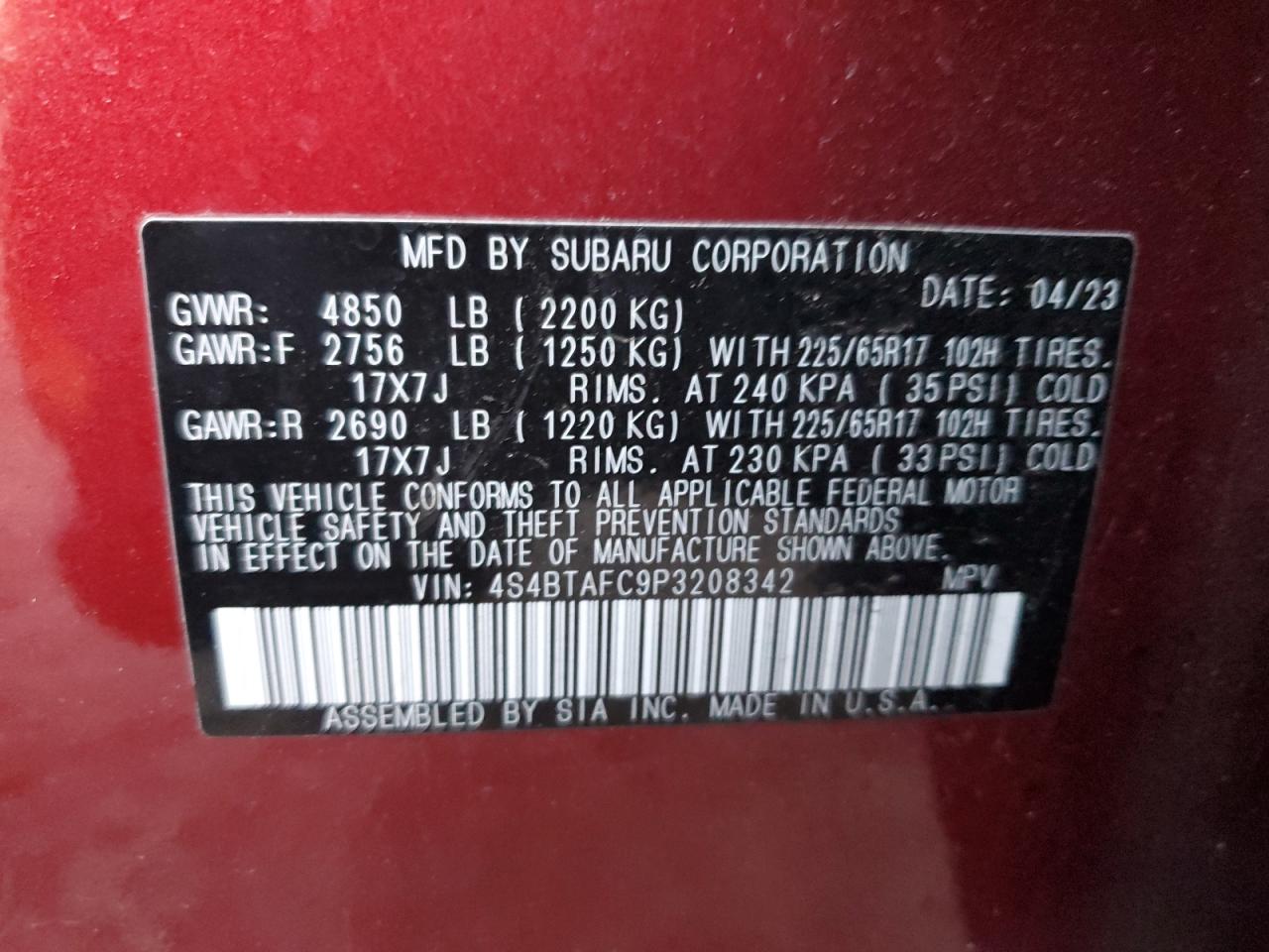 2023 SUBARU OUTBACK PREMIUM VIN:4S4BTAFC9P3208342