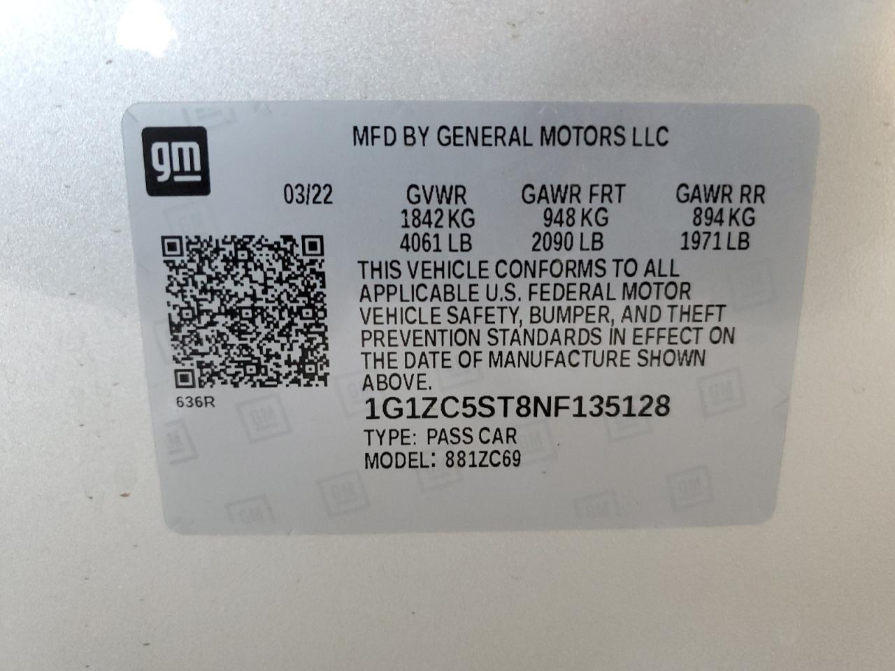 2022 CHEVROLET MALIBU LS VIN:1G1ZC5ST8NF135128