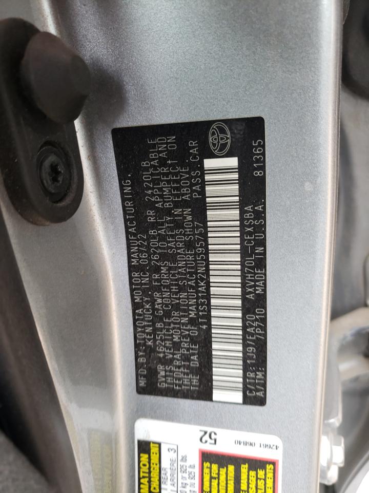 2022 TOYOTA CAMRY NIGHT SHADE VIN:4T1S31AK2NU595757