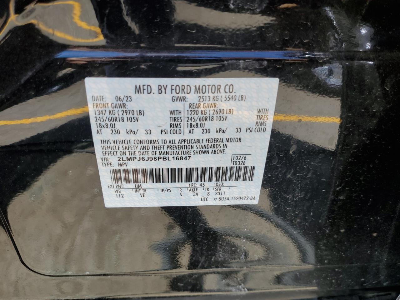 2023 LINCOLN NAUTILUS VIN:WP0AA2A8XNS255297