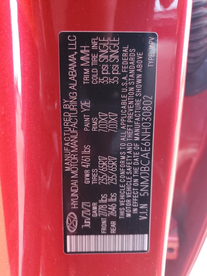 2022 HYUNDAI TUCSON SEL VIN:5NMJBCAE6NH030802