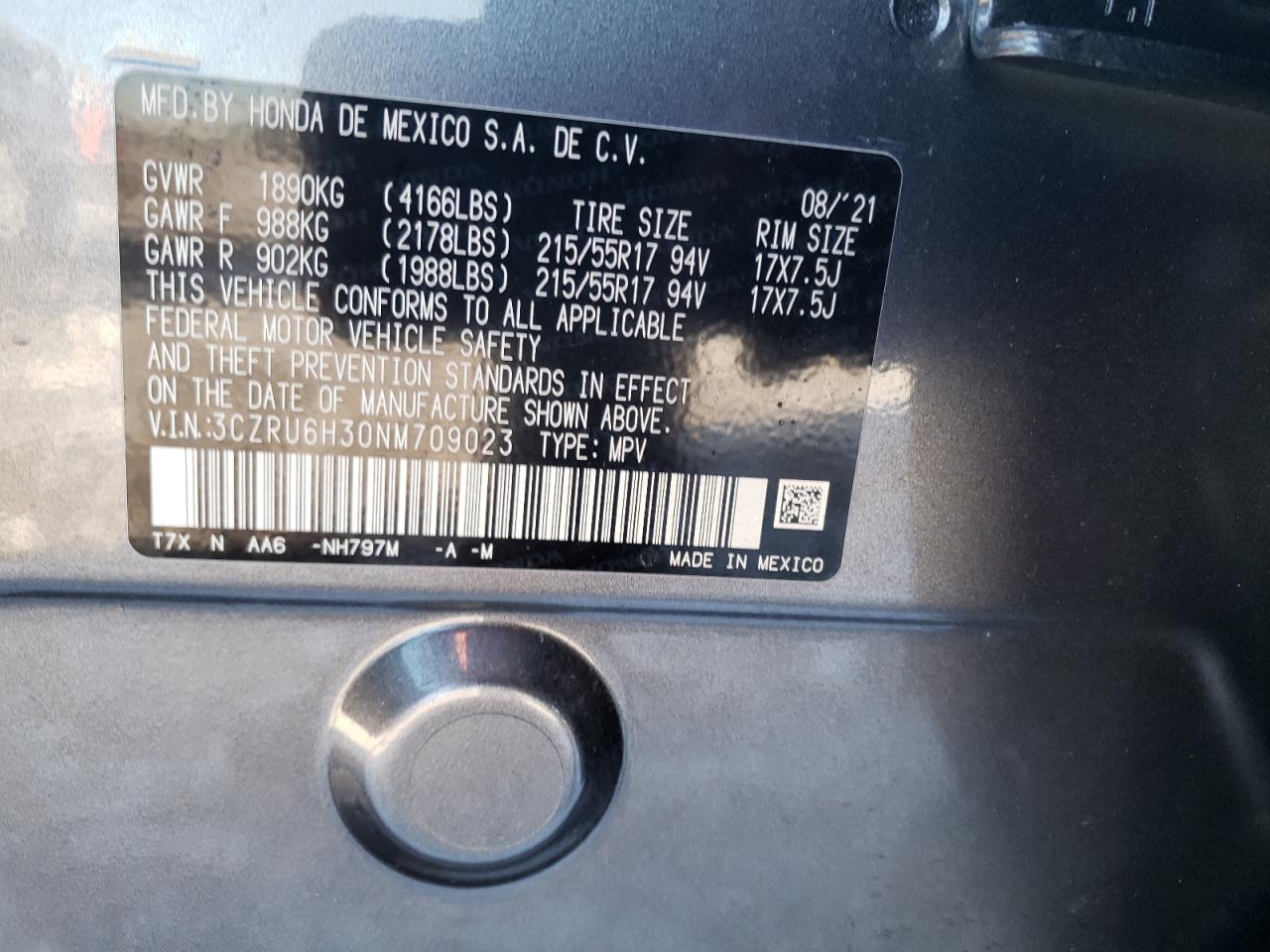 2022 HONDA HR-V LX VIN:3CZRU6H30NM709023