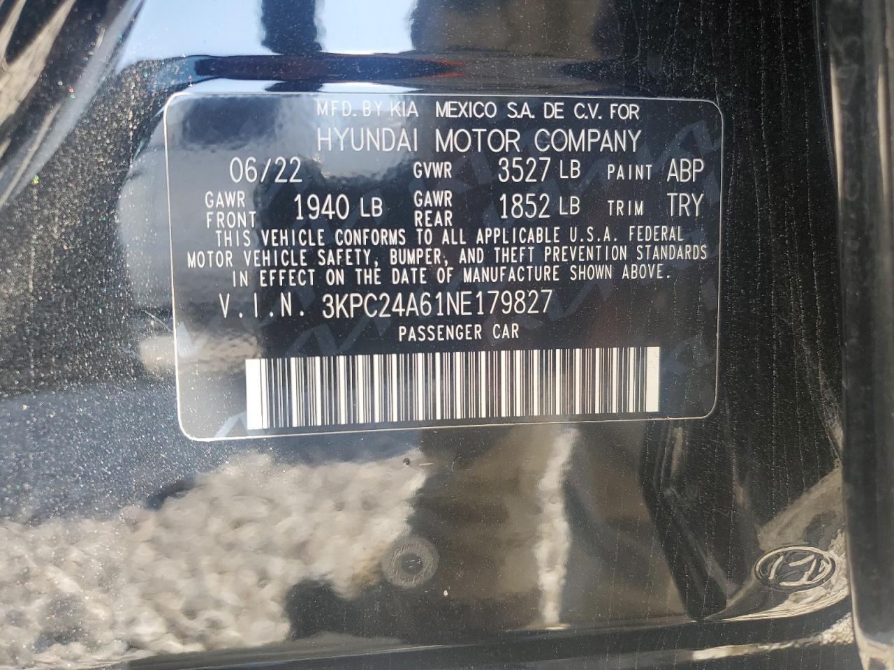 2022 HYUNDAI ACCENT SE VIN:3KPC24A61NE179827