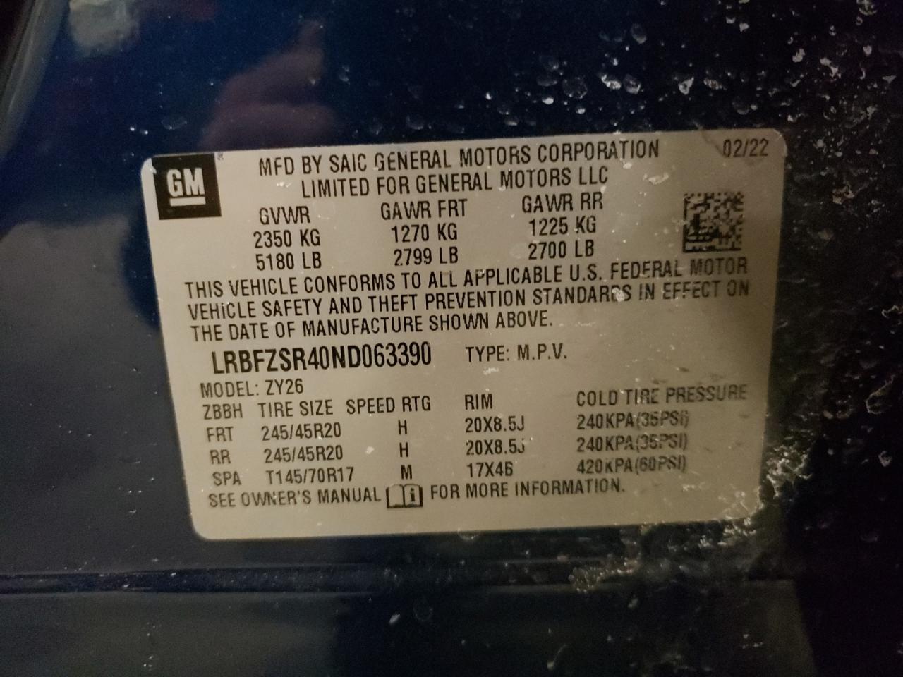 2022 BUICK ENVISION AVENIR VIN:LRBFZSR40ND063390