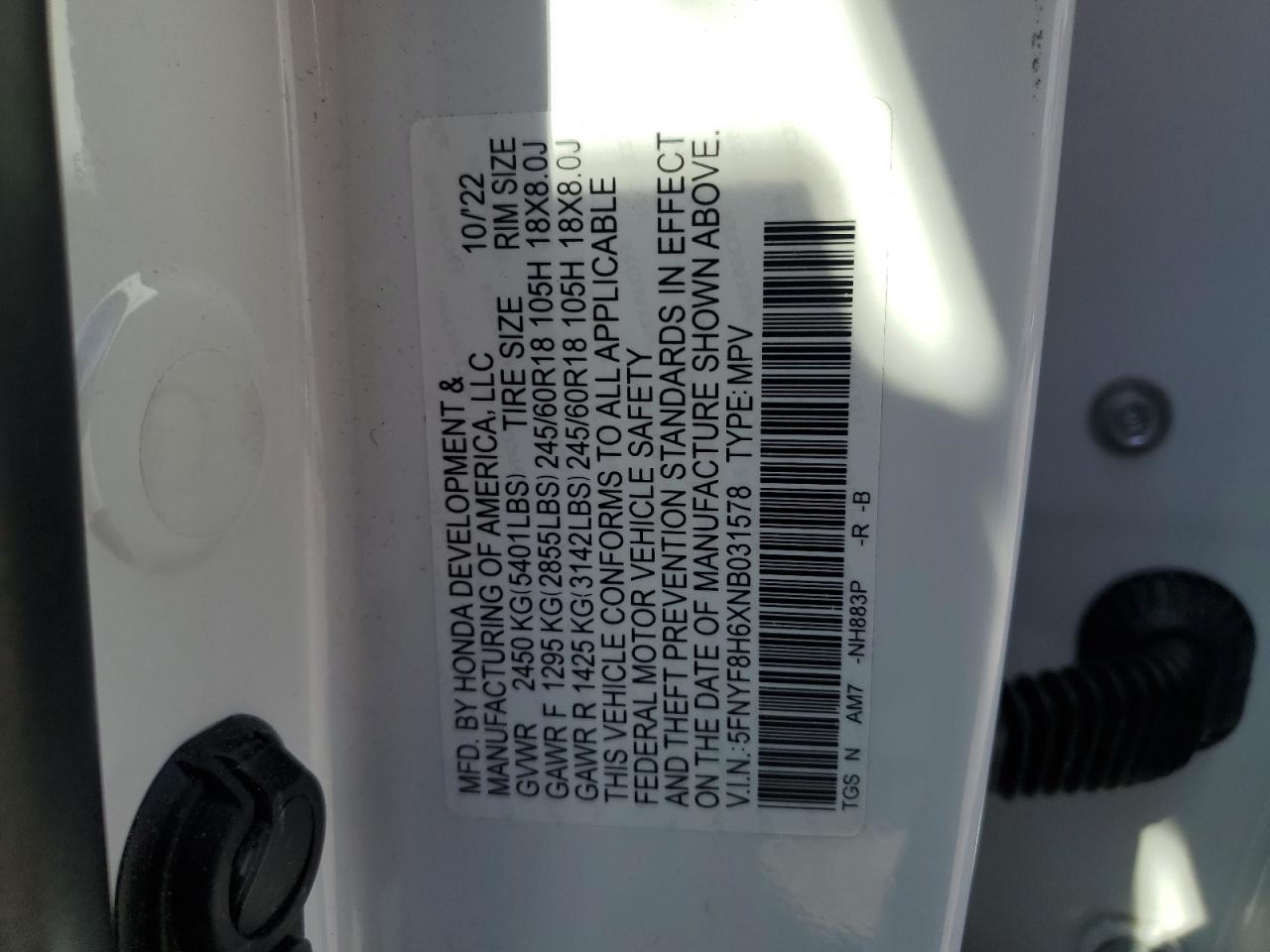 2022 HONDA PASSPORT TRAIL SPORT VIN:5FNYF8H6XNB031578
