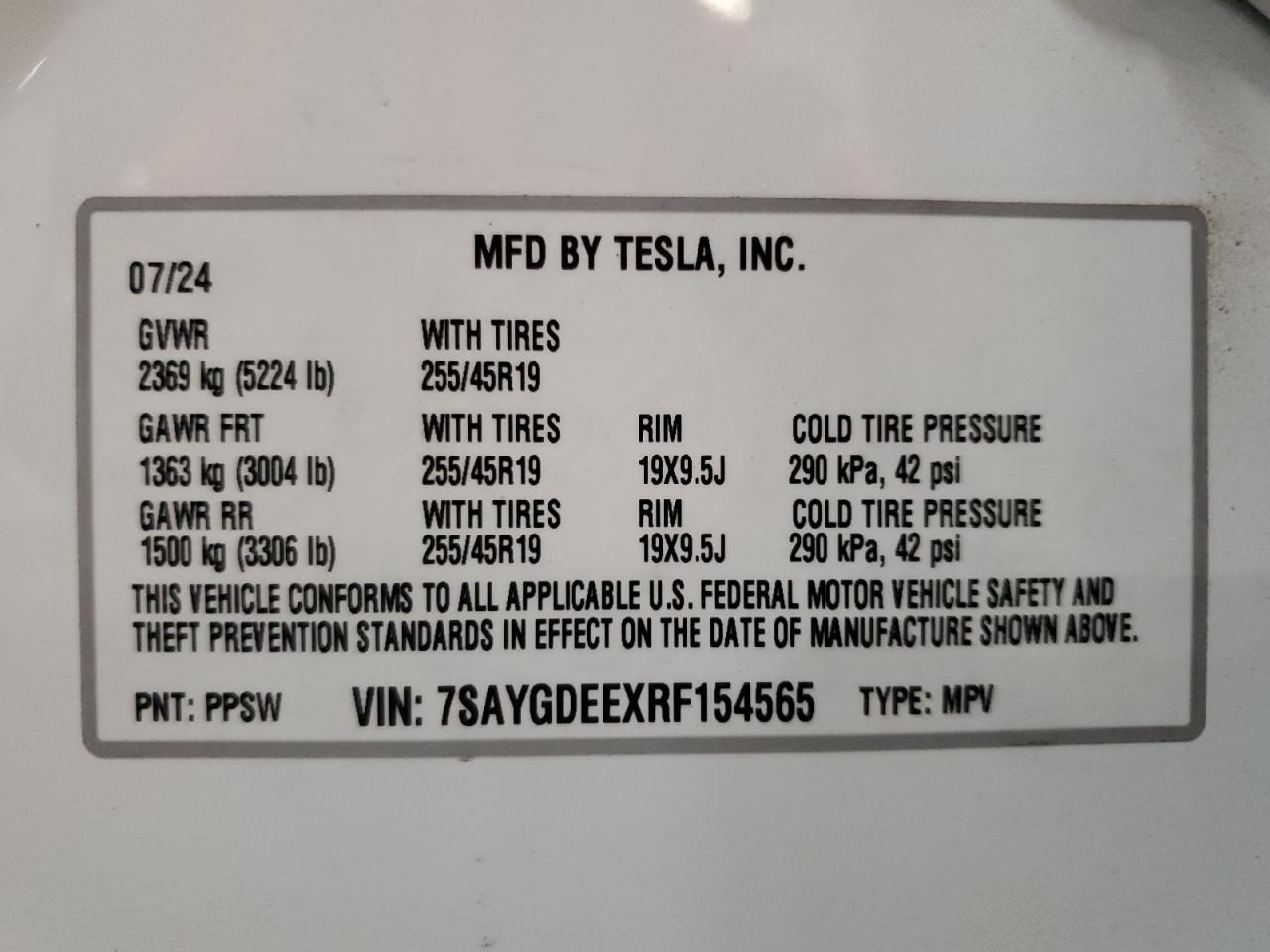 2024 TESLA MODEL Y VIN:7SAYGDEEXRF154565